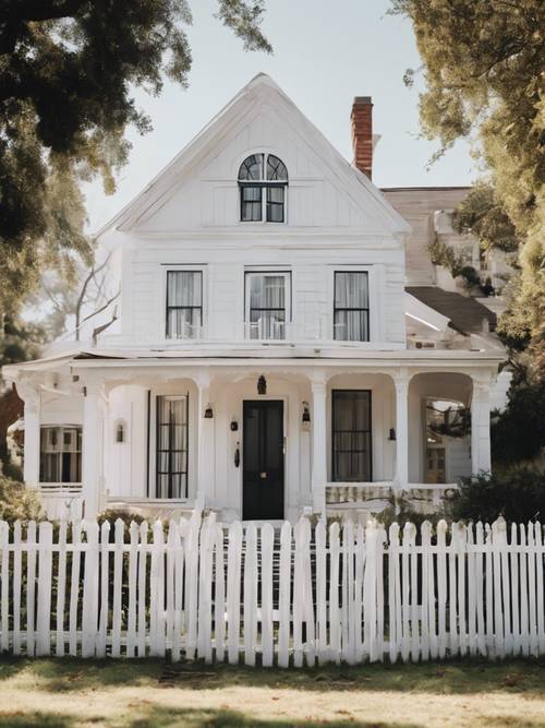 Rows of perfectly aligned white picket fences around a charming traditional white house, set against a cloudless sky.