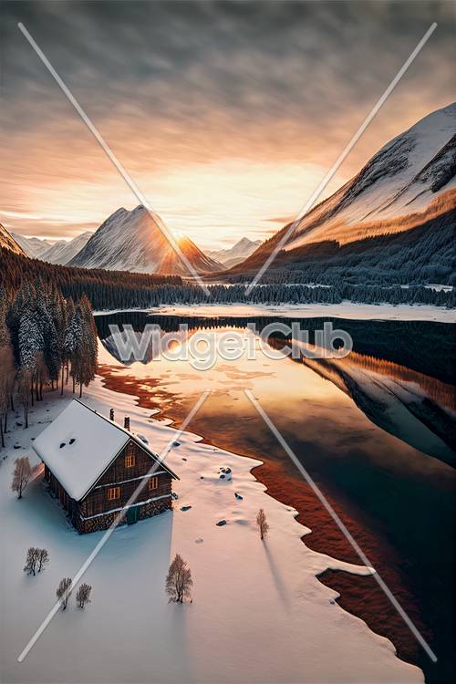 Sunset Glow Over Snowy Mountain Lake House