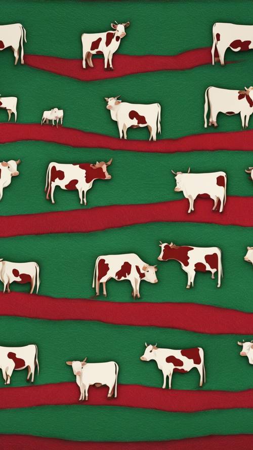 赤と緑の色合いでデザインされたユニークな牛革柄の壁紙