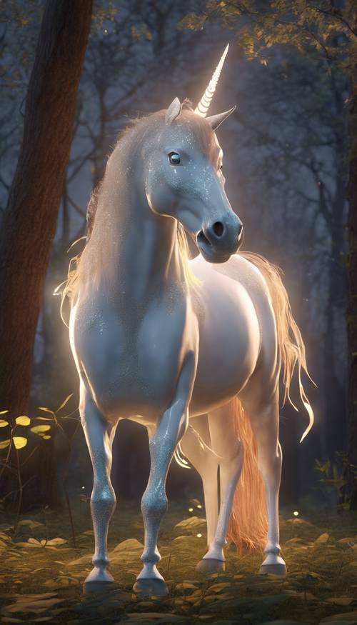 Un unicorno 3D luminoso in un bosco al crepuscolo, con polvere scintillante che esce dal suo corno.