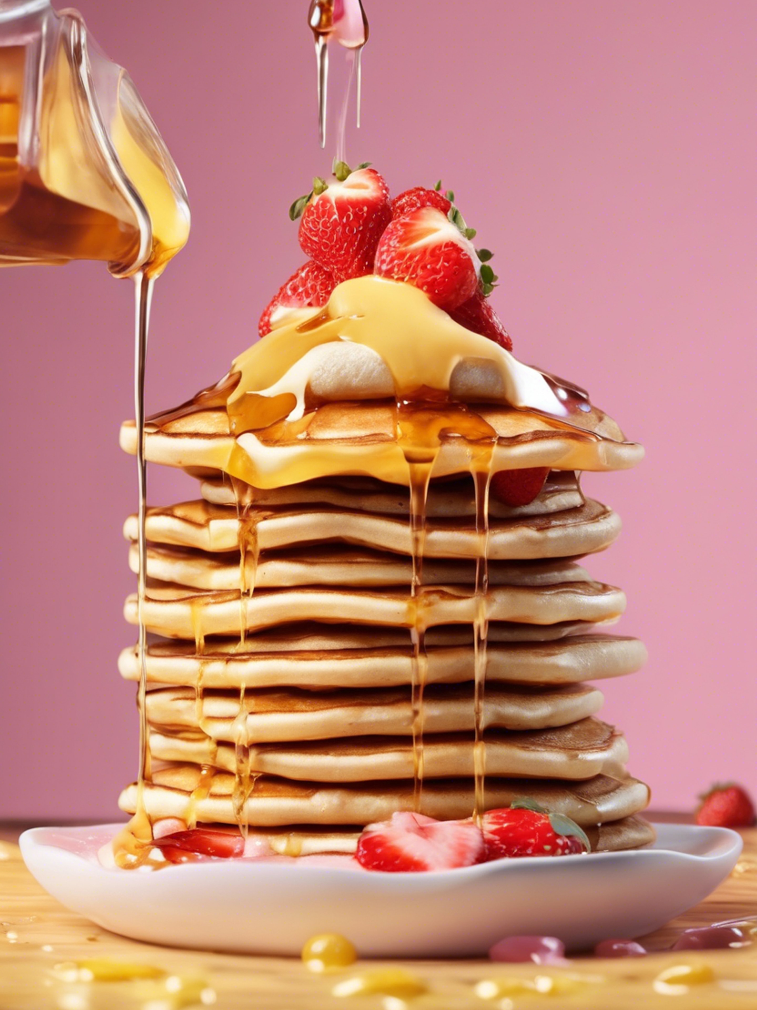 Beige kawaii pancakes stacked with a melted butter and syrup, topped with mini strawberry slices. Hintergrund[6cf29e03a904430684e0]