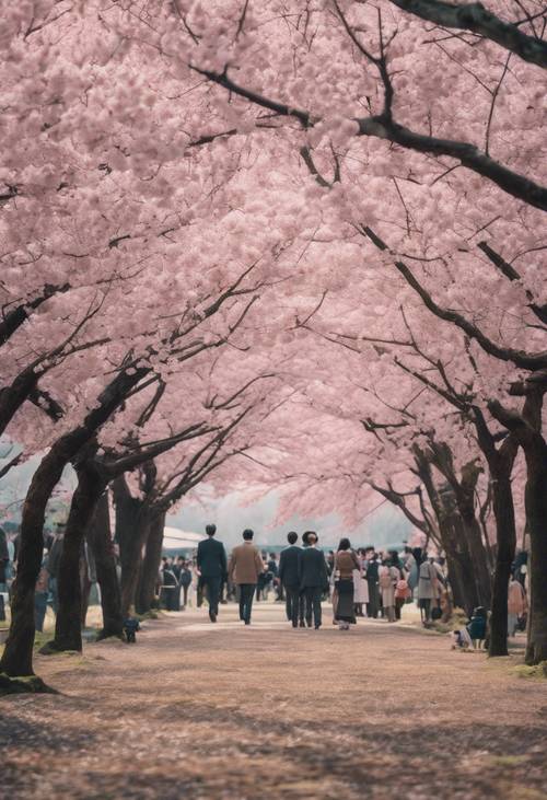 Una festa hanami giapponese sotto i sakura in piena fioritura durante il giorno.