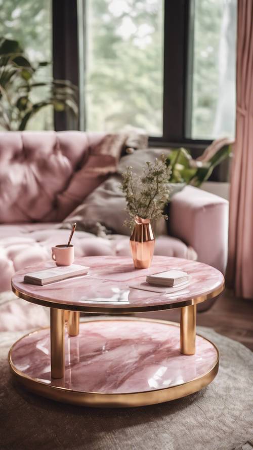 Un tavolino da caffè in marmo rosa lucido al centro di un accogliente angolo lettura.
