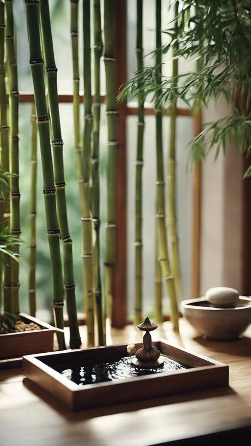 Apartamento em estilo zen com detalhes em bambu, uma pequena fonte interna e um esquema de cores inspirado na natureza.