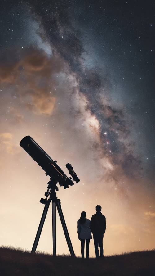 Um casal observando as estrelas com um telescópio no topo de uma colina tranquila.