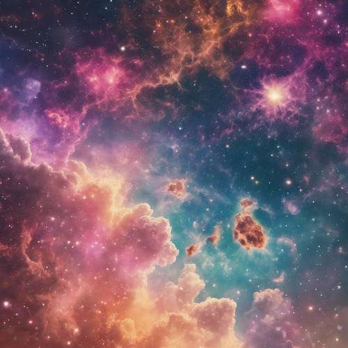 An iridescent sky shrouded by colorful, whimsical nebulae in various cute shapes. Kertas dinding [a86617c2fd4e48f194b6]