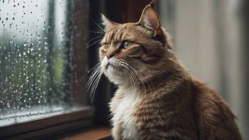 Um velho gato mal-humorado sentado no parapeito da janela observando a chuva