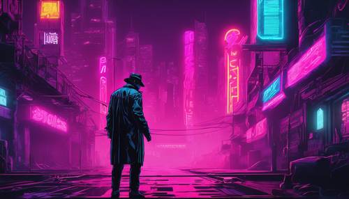 Titreşen bir neon tabelanın altında, siberpunk tarzı bir kara sahnede yalnız bir dedektif.