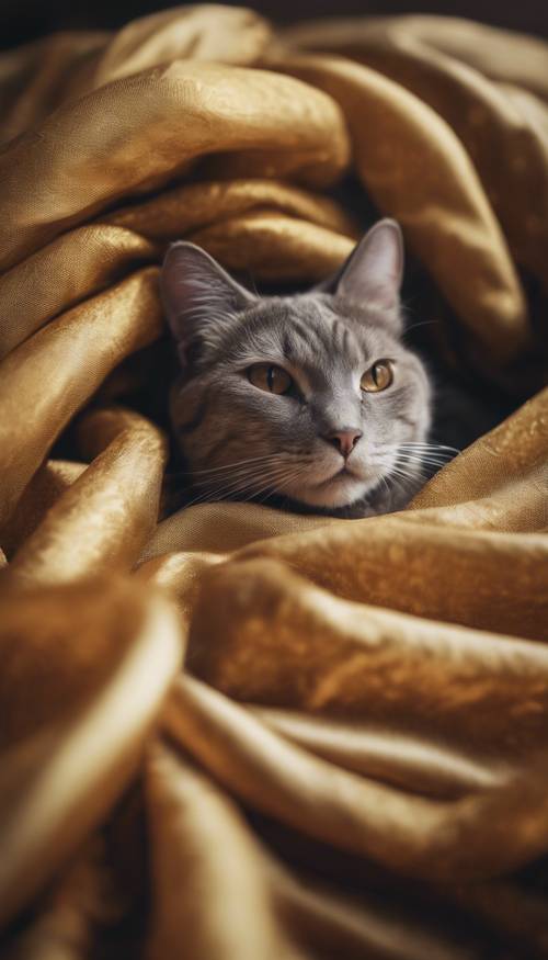 A cat comfortably curled up on a pile of golden silk fabrics.