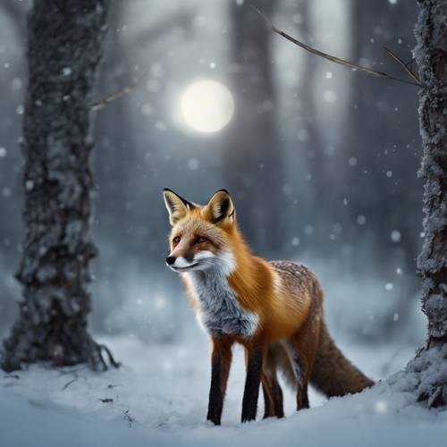 一隻寧靜的狐狸站在月光照耀下的寧靜森林裡。