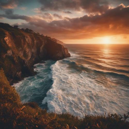 A dramatic sunset viewed from a cliff overlooking the ocean, with waves crashing below.