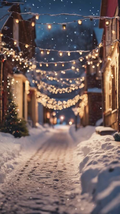 Una vista de una calle cubierta de nieve de un pequeño pueblo decorado con coloridas luces navideñas, que captura la esencia de una postal navideña antigua.