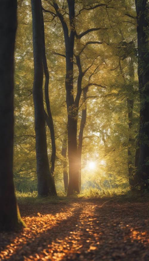 A forest glade with warm sunlight filtering through the leaves. Ფონი [c94c216287314a378224]