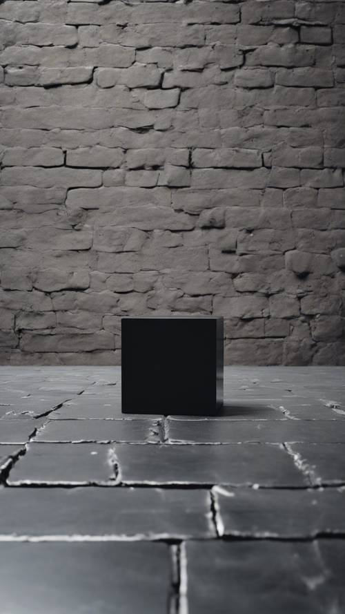 A single, glossy black brick sitting in the middle of a deserted concrete floor.