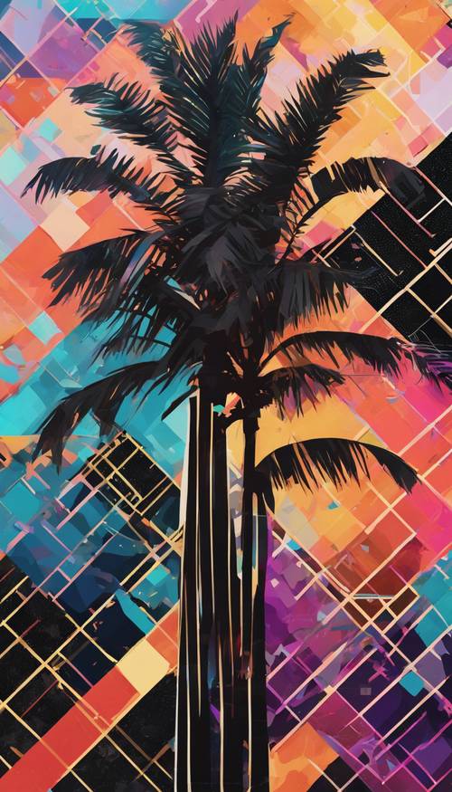 Um desenho geométrico abstrato de uma palmeira preta em um fundo pixelizado multicolorido.