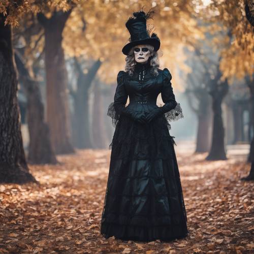 A Victorian widow dressed in gothic attire uncomfortable in a colorful Halloween carnival. Tapeta [2248e63dea53423481ce]