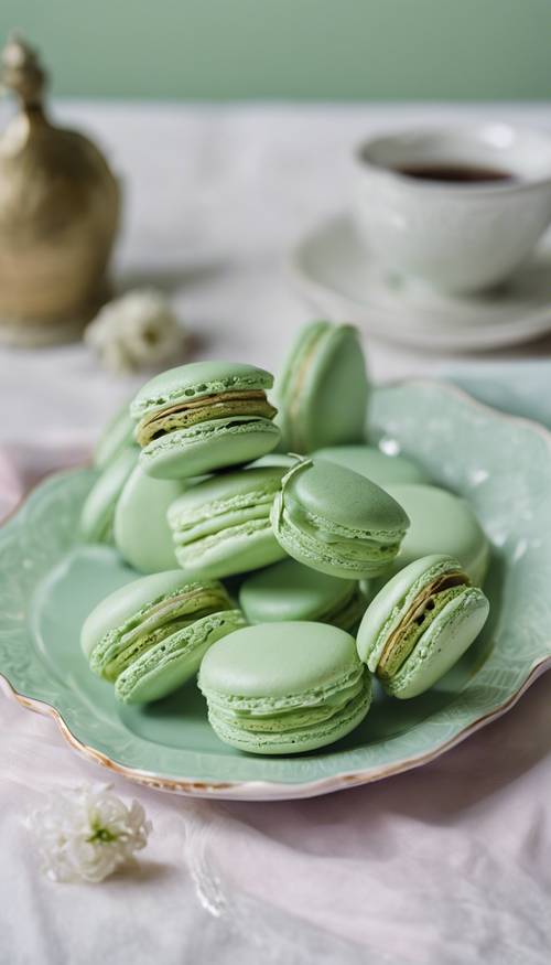 Macaron Perancis berwarna hijau pastel di piring keramik halus.