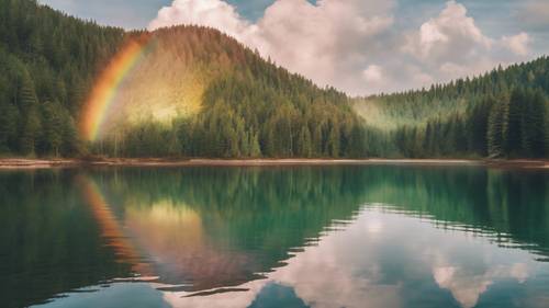穏やかな湖に映る巨大なボヘミアンスタイルの虹