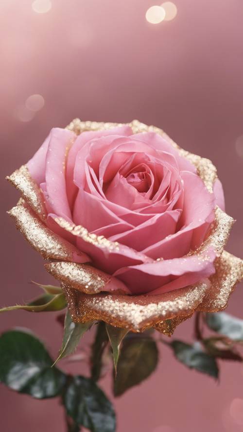 A closeup view of a beautiful pink rose with gold glittered edges.