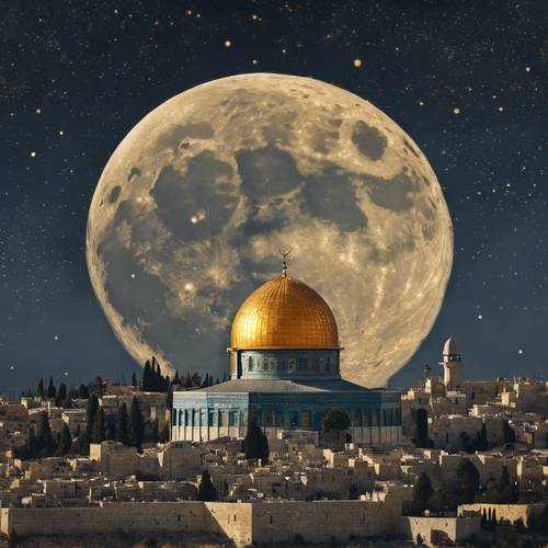 A golden full moon lighting up the night sky over the Dome of the Rock mosque in Jerusalem.