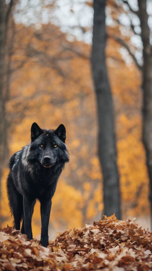 Czarny wilk stojący na wzgórzu, otoczony opadłymi jesiennymi liśćmi.