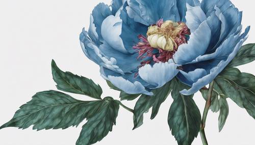 Un&#39;illustrazione botanica altamente dettagliata di un fiore di peonia blu e delle sue foglie.