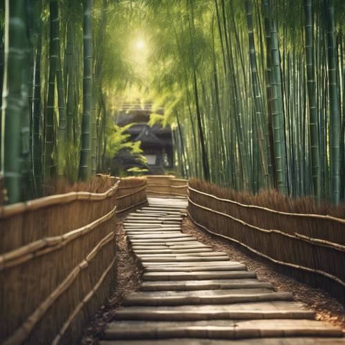 Hutan bambu yang menenangkan dengan jalan sempit menuju kuil yang tenang, dipenuhi sinar matahari lembut.