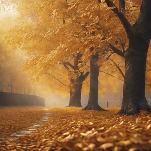 Yüksek ağaçlardan düşen yaprakların olduğu altın rengi bir sonbahar manzarası resmi.