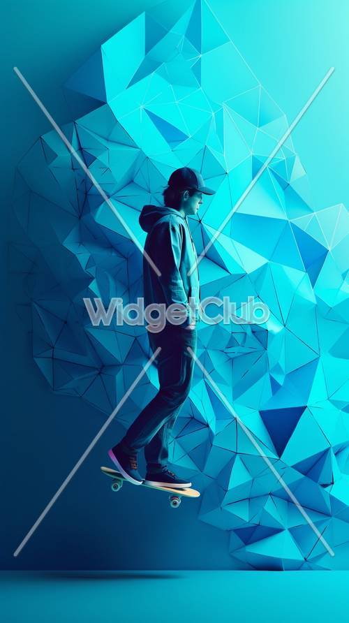 Cool Blue Skateboarder on Geometric Shapes