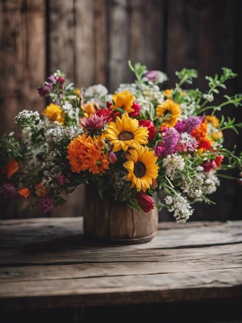 A bouquet of fresh, colorful summer flowers against a rustic wooden table.