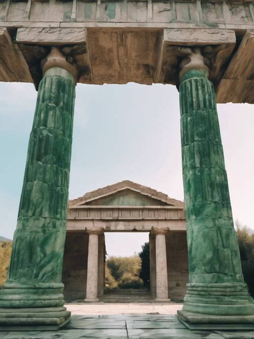 Beautiful green marble pillars supporting the arch of an ancient Greek building