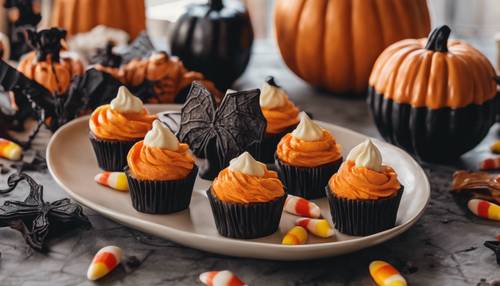 Stół pełen smakołyków na Halloween, z pomarańczowymi babeczkami, ciasteczkami w kształcie dyni i cukierkową kukurydzą