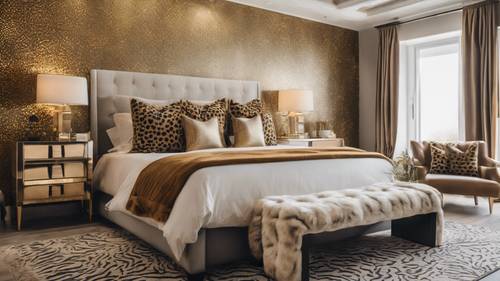 Ein geräumiges Schlafzimmer mit Bettwäsche und Tapeten im Gepardenmuster, ergänzt durch goldene Akzente.