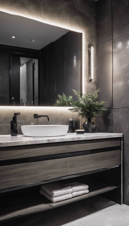 Um elegante banheiro com tema preto e cinza e bancada de mármore.