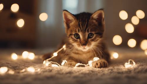 Un gatito juguetón jugueteando con una guirnalda de luces en forma de corazón, sobre una alfombra acogedora.