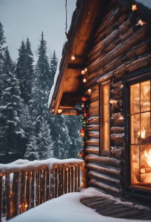 Una baita in legno accogliente e ricoperta di neve, immersa nel bosco, con un fuoco acceso e un alto albero di Natale alla finestra.