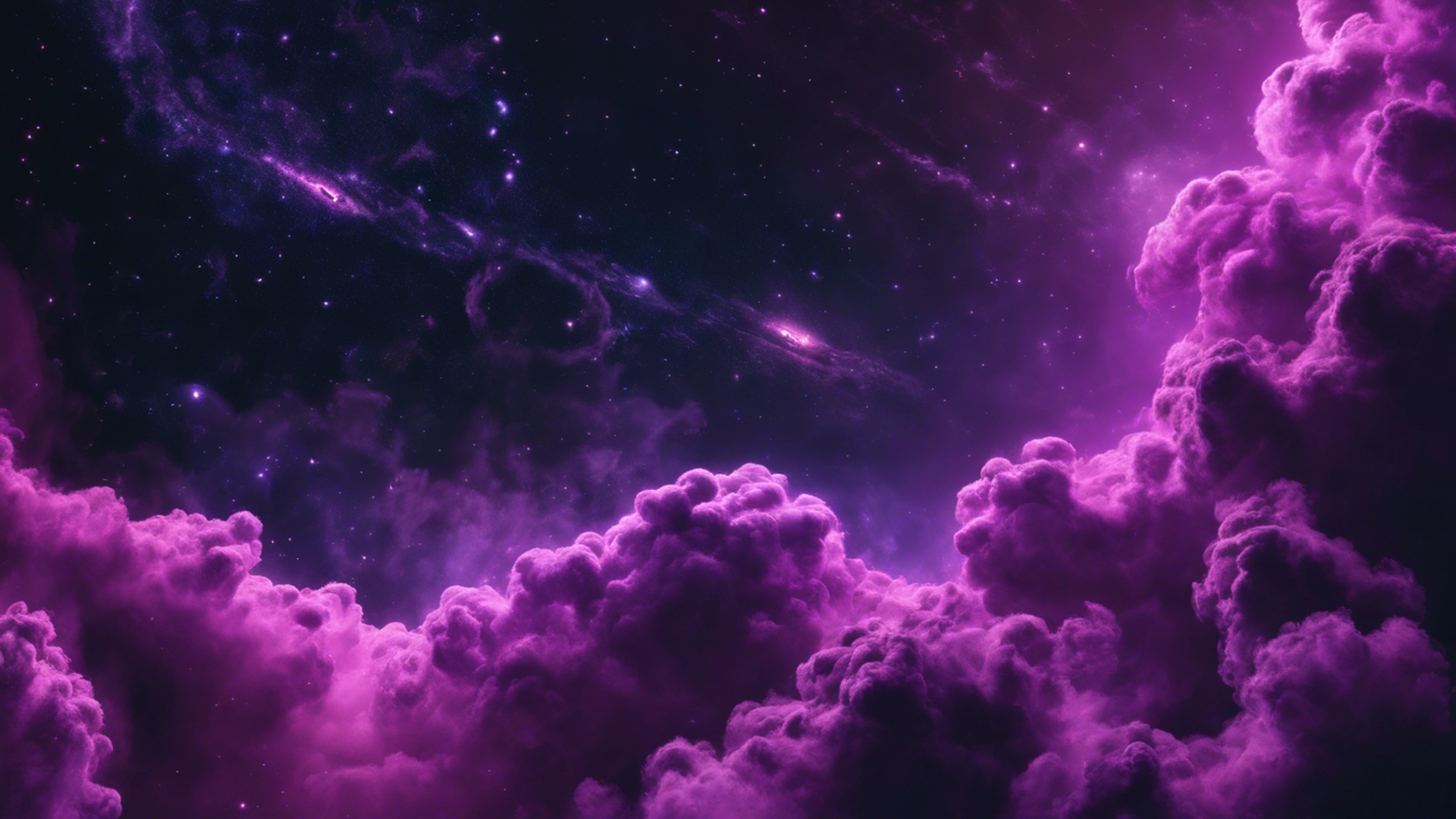A galaxy scene with swirling neon purple clouds against star-spangled, cool black background. Wallpaper[557a8cf107504dbea099]