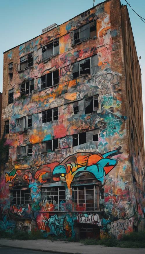 An urban cityscape at dusk with a grand, abandoned building covered in dark but colorful graffiti murals of mythical creatures.