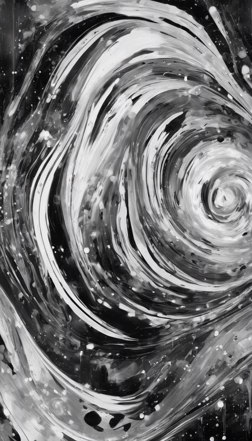 Una pintura abstracta digital en blanco y negro con remolinos centelleantes.