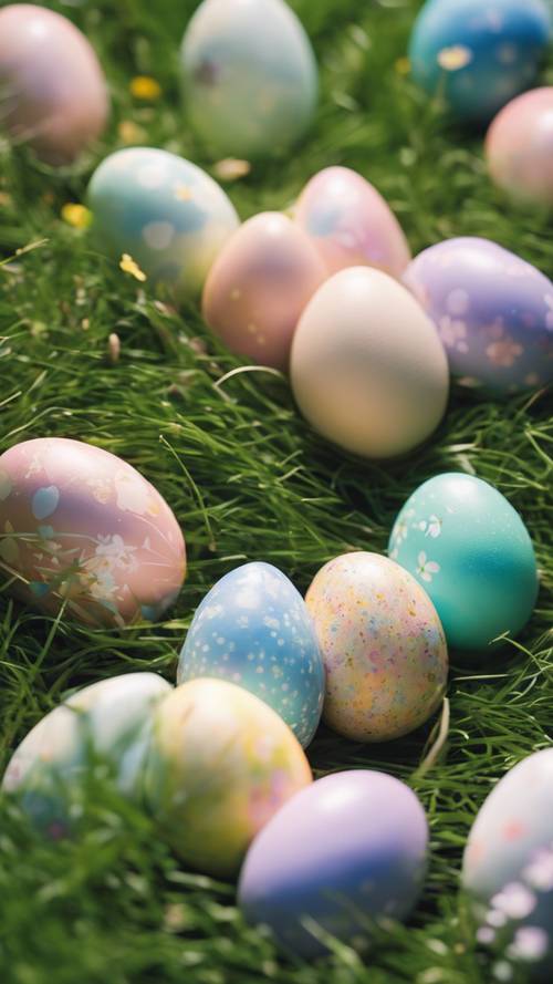 手持式棱镜扭曲了草地上排列的彩色复活节彩蛋的图像。