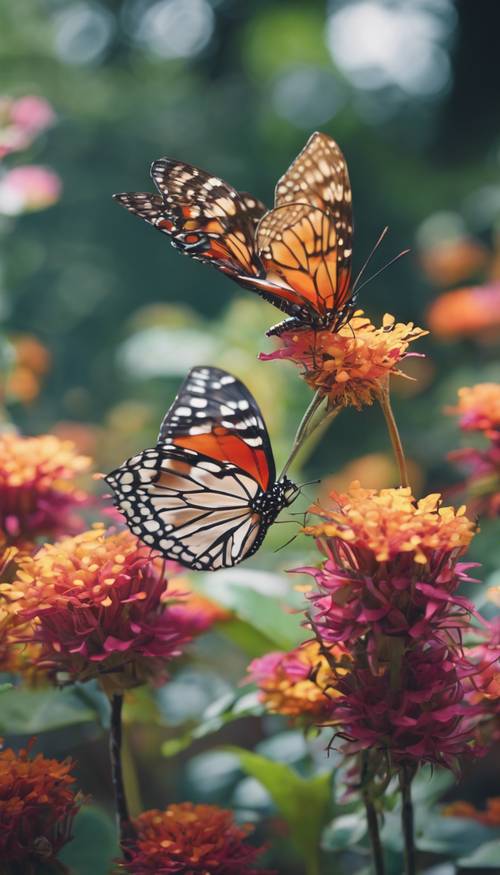 Butterflies fluttering around exotic, vibrant flowers in an inviting botanical garden Tapeta [b523e241762748bfa4dd]