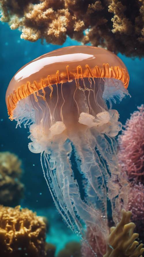 An underwater shot of a jellyfish swimming through a donut-shaped coral.