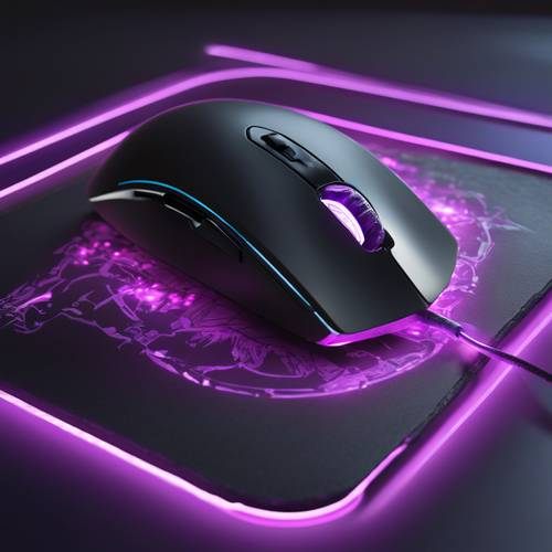 Mouse da gioco nero con LED viola, spostato rapidamente su un tappetino per mouse.