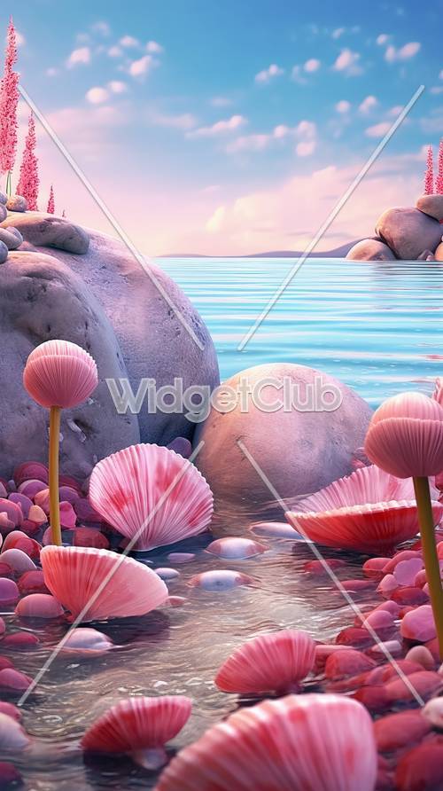Relajantes conchas rosadas junto al sereno lago azul