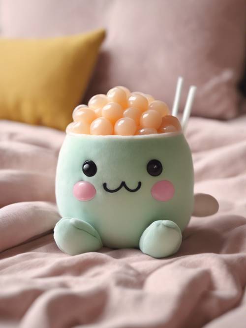 Un encantador peluche con forma de simpática taza de té de burbujas antropomorfizada, que sonríe sobre una cama cuidadosamente dispuesta y cubierta con lino en tonos pastel.