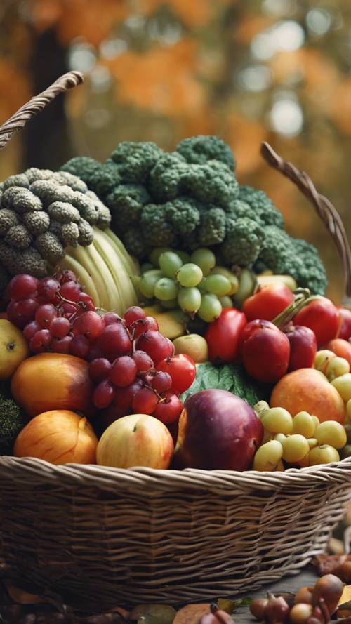Una canasta llena de una variedad de frutas y verduras de otoño recién recogidas.