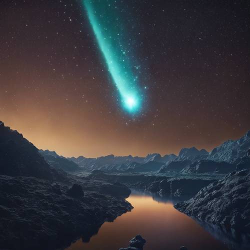 Sebuah komet dengan ekor bercahaya melintasi langit bertabur bintang. Wallpaper [b2075c6768eb47699461]