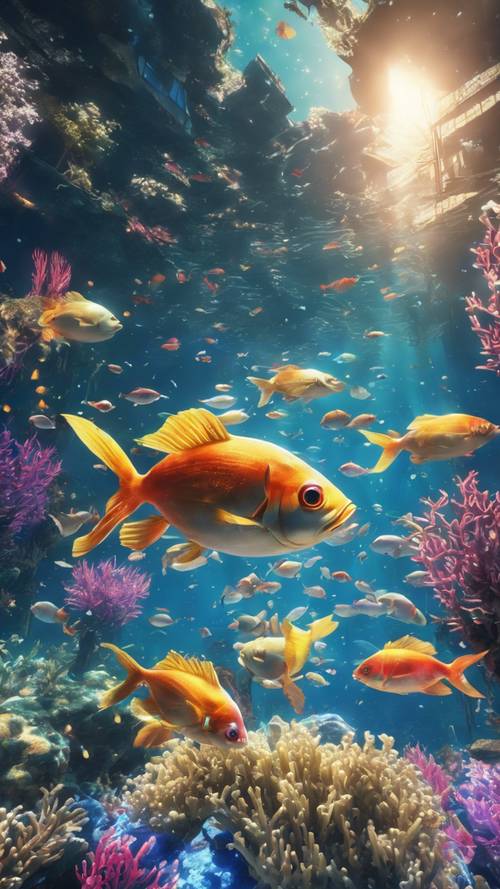 Một thành phố dưới nước sôi động theo phong cách anime, ánh sáng nhấp nháy xuyên qua mặt nước, đầy cá và tảo bẹ đầy màu sắc.
