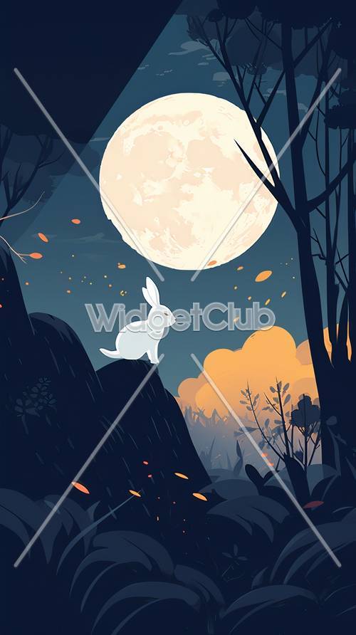 Aventura en el bosque iluminado por la luna con un conejo blanco
