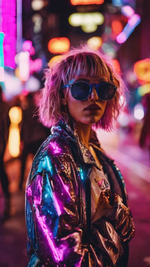 A woman dressed in funky Y2K attire against a backdrop of a neon lit street.